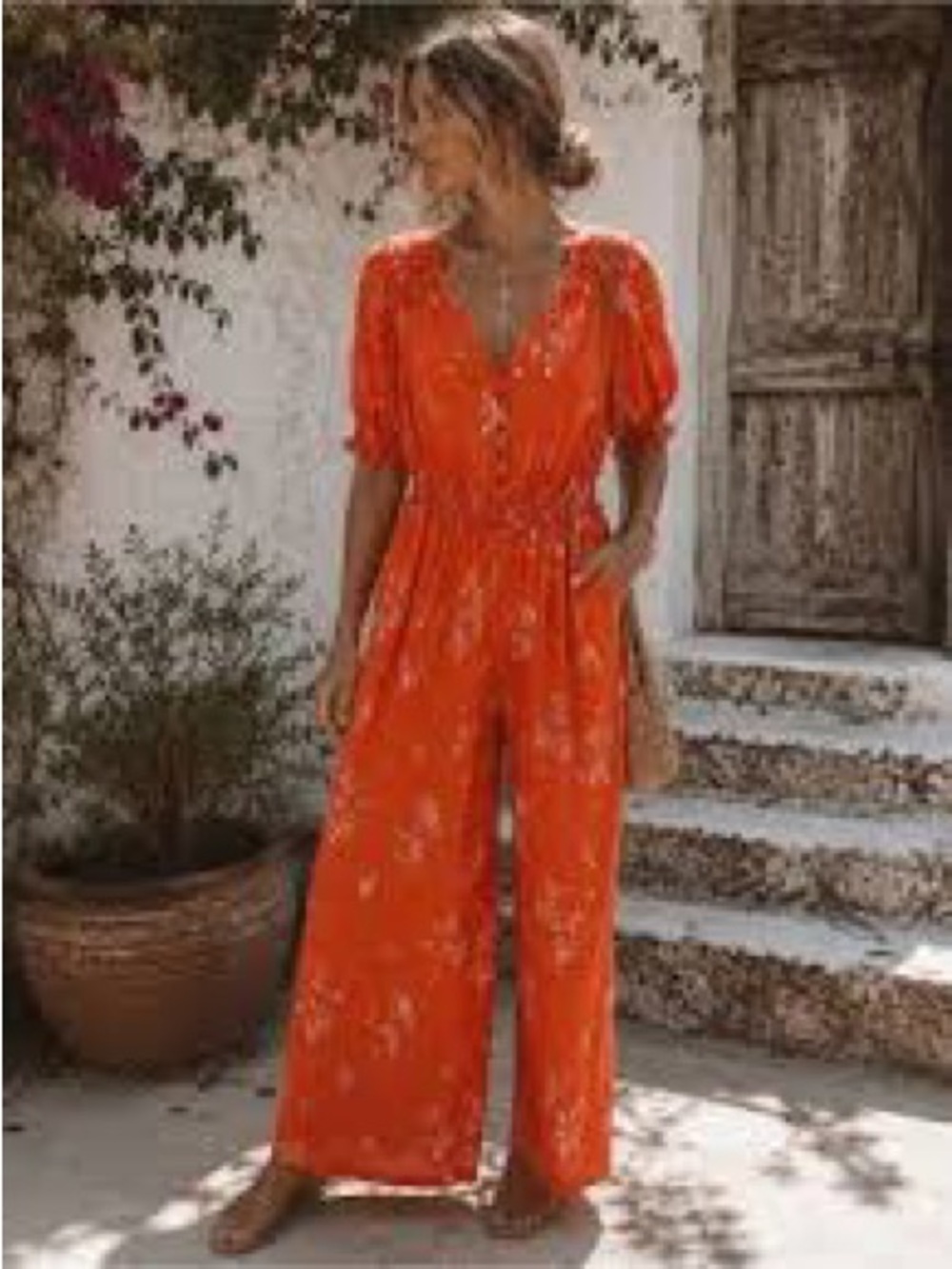a.n.a Orange Floral Button-Front Wide-Leg Jumpsuit